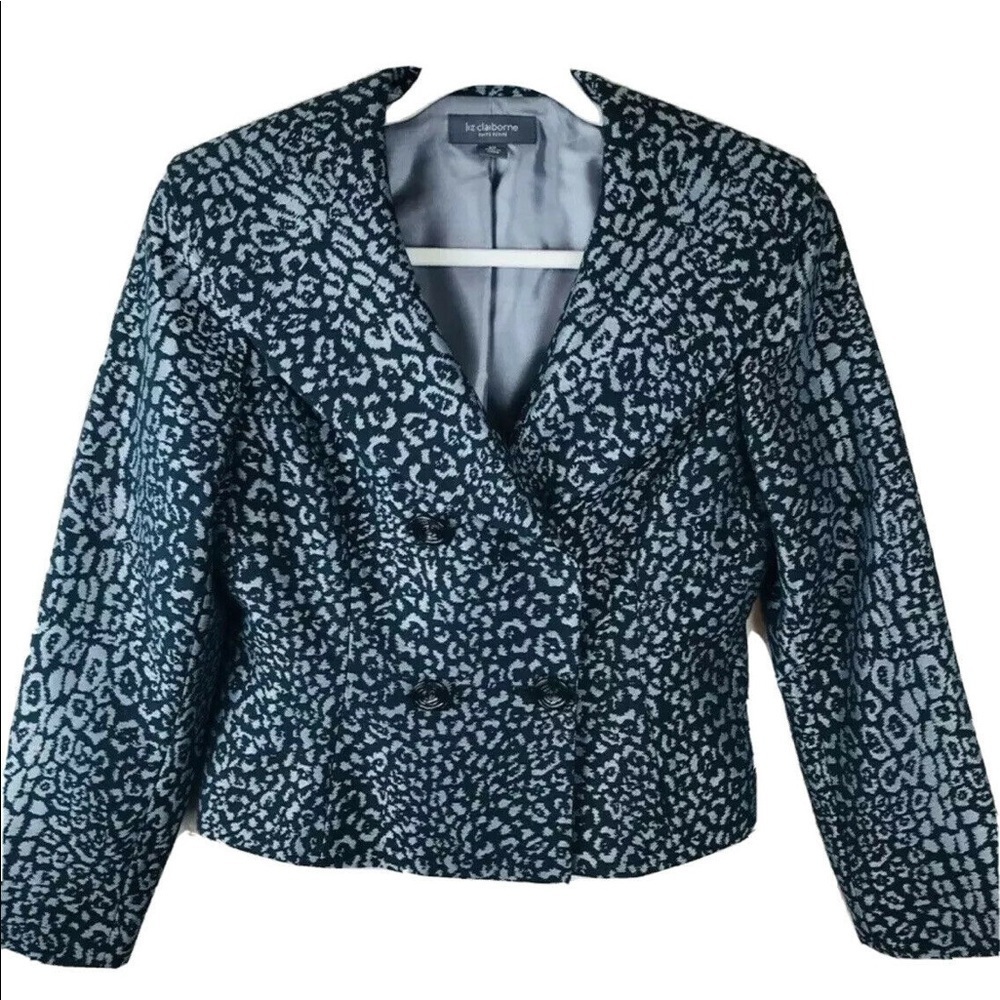 Liz Claiborne classic gray black double breasted fitted blazer jet round…